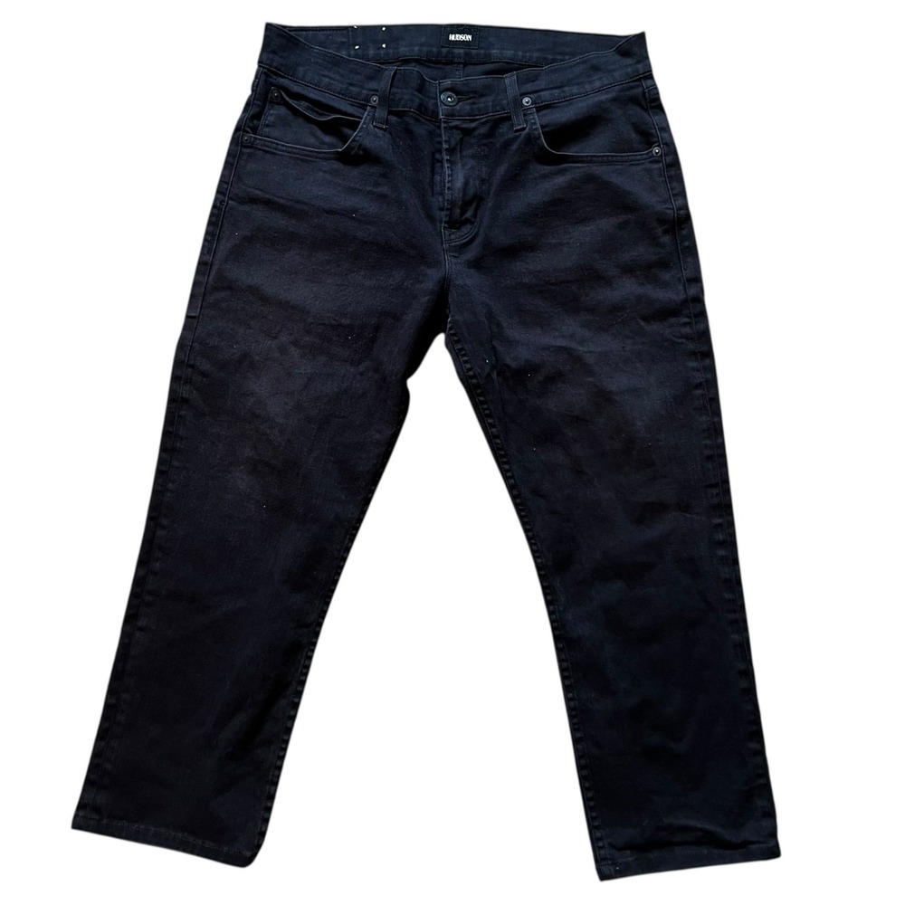 Hudson Blake Slim Straight Jeans Black Denim Size 34 Cropped Hem